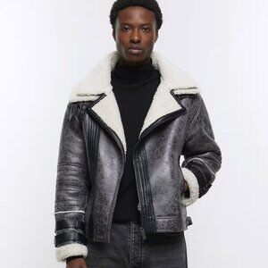 River Island crackle foux shearling aviator jacket man medium